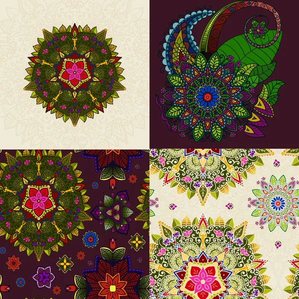 Vektor-Set aus handgezeichnetem Mandala und Muster aus floralem Doodle. kreisförmiges farbiges Muster zur Dekoration — Stockvektor