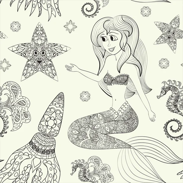 Ilustração desenhada à mão de Sereia Ornamental. Sereia em forma. Padrão sem costura com sereia — Vetor de Stock