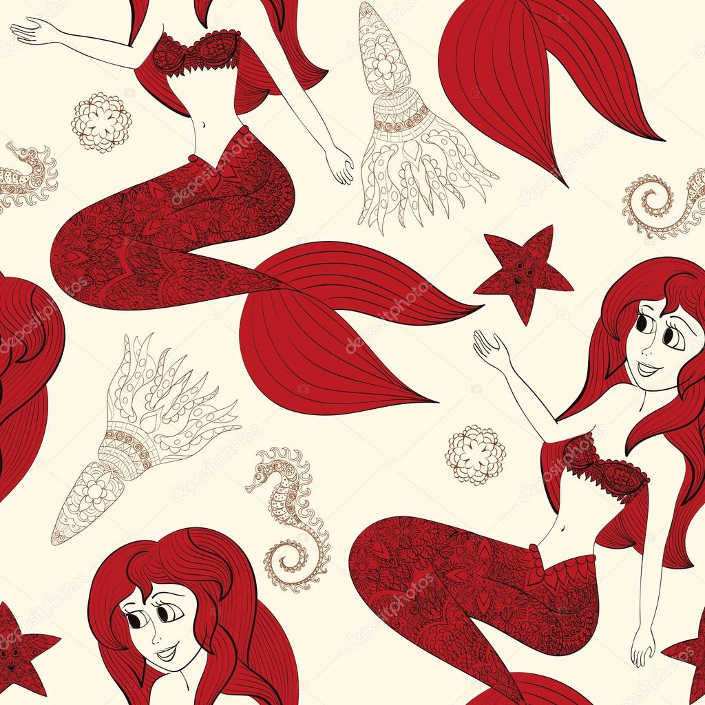 Hand drawn illustration of Ornamental Mermaid. Shaped Mermaid. Seamless pattern with mermaid