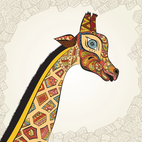 Beautiful adult Giraffe. Hand drawn Illustration of ornamental giraffe.  Colored giraffe on ornamental background. — Stockvector