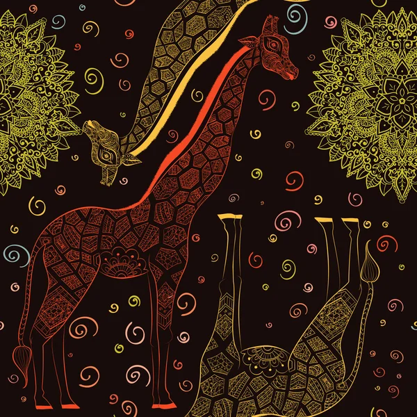 Bella Giraffa adulta. Illustrazione disegnata a mano di giraffa ornamentale. giraffa isolata su sfondo scuro. Modello senza cuciture da una giraffa ornamentale — Vettoriale Stock