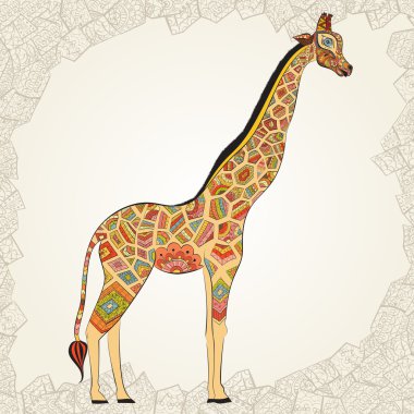 Beautiful adult Giraffe. Hand drawn Illustration of ornamental giraffe.  Colored giraffe on ornamental background.