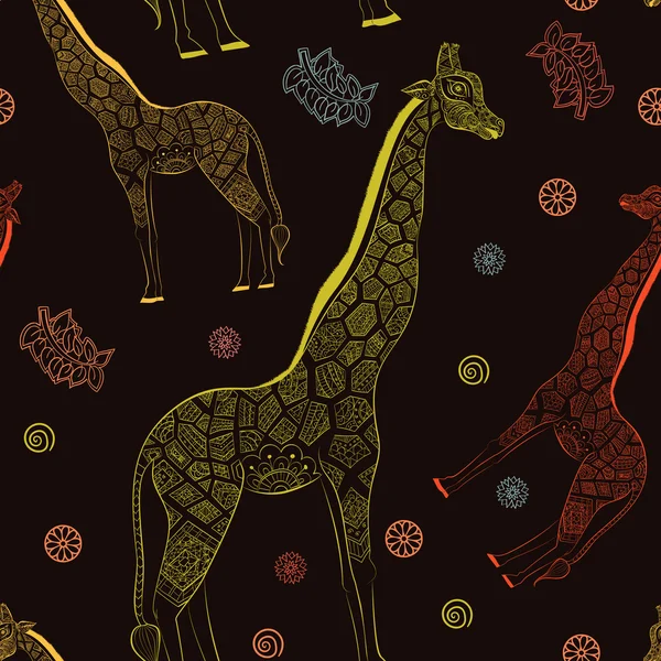 Girafa adulta bonita. Desenho à mão Ilustração da girafa ornamental. girafa isolada sobre fundo escuro. Padrão sem costura de uma girafa ornamental — Vetor de Stock