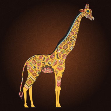 Beautiful adult Giraffe. Hand drawn Illustration of ornamental giraffe.  Colored giraffe on ornamental background.