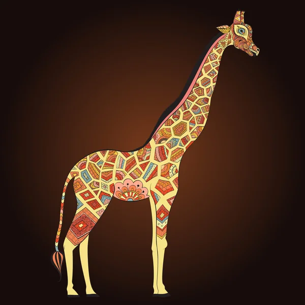 Beautiful adult Giraffe. Hand drawn Illustration of ornamental giraffe.  Colored giraffe on ornamental background.