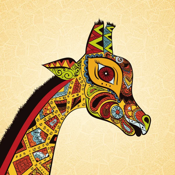 Beautiful adult Giraffe. Hand drawn Illustration of ornamental giraffe.  Colored giraffe on ornamental background.