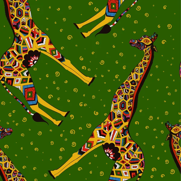 Beautiful adult Giraffe. Hand drawn Illustration of ornamental giraffe.  isolated giraffe on green background. Seamless pattern from an ornamental giraffe — Stock Vector