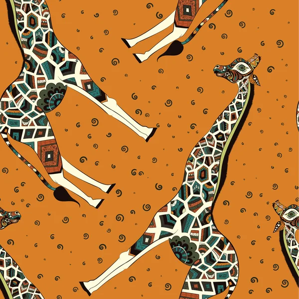 Vackra vuxen giraff. Hand dras Illustration av prydnadsväxter giraff. isolerade giraff på orange bakgrund. Seamless mönster från en prydnads giraff — Stock vektor