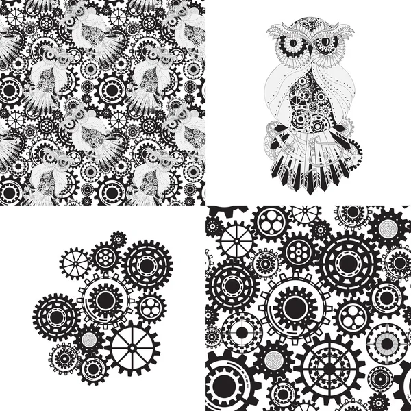 Roda gigi hitam, steampunk pola mulus. Steampunk outline vektor burung hantu dengan gigi. Metallic steam punk owl. Set dari steampunk seamless gear dan pola burung hantu, abstrak steampunk owl dan gigi . - Stok Vektor