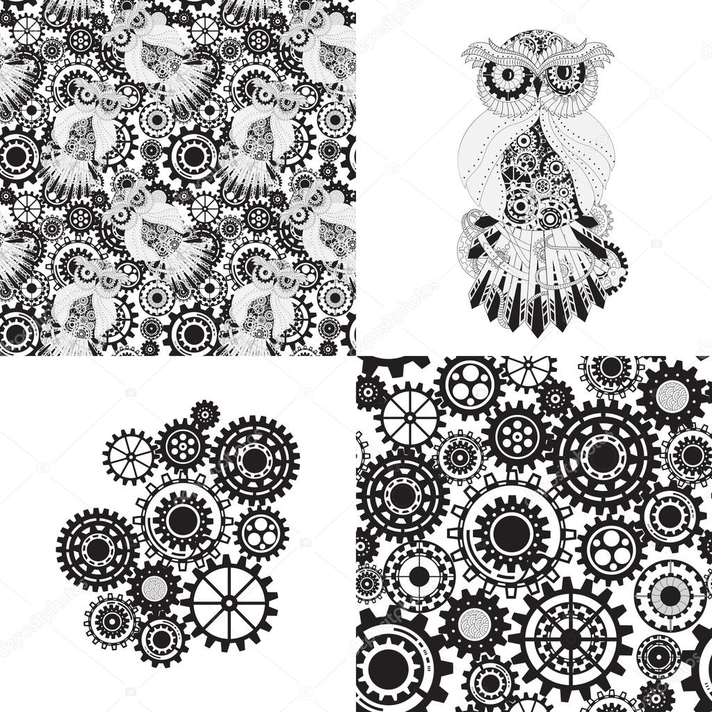 Black gears, steampunk seamless pattern. Steampunk outline vector owl with gear. Metallic steam punk owl. Set of steampunk seamless gear and owl pattern, abstract steampunk owl and gears.