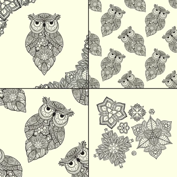 Εικονογράφηση φορέας καλλωπιστικών κουκουβάγια. Πουλί που απεικονίζεται στο tribal. Σύνολο των καλλωπιστικών κουκουβάγιες με λουλούδια και μοτίβο από κουκουβάγιες. — Διανυσματικό Αρχείο