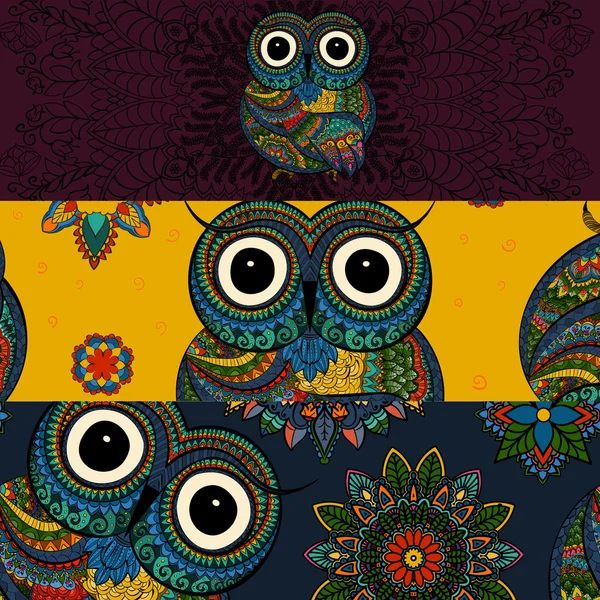 Vector set of  illustrations of ornamental owl. Bird illustrated in tribal. Good for social media banners — Stock Vector