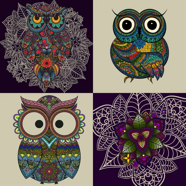 Set de ilustración vectorial de búhos ornamentales. Conjunto de Pájaro ilustrado en tribal. Aislado sobre blanco — Vector de stock