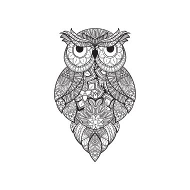 Vector illustration of ornamental owl. Bird illustrated in tribal. Isolated on white clipart