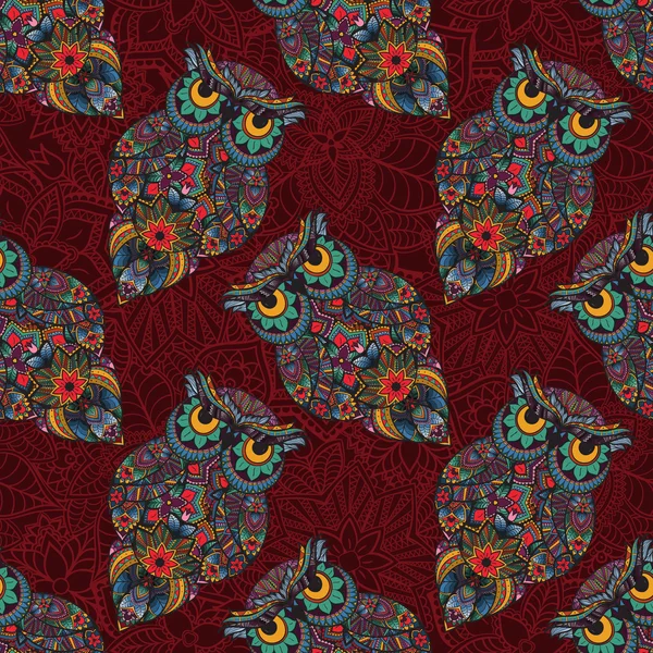 Ilustración vectorial de búho. Pájaro ilustrado en tribal.Búho con flores sobre fondo oscuro . — Vector de stock