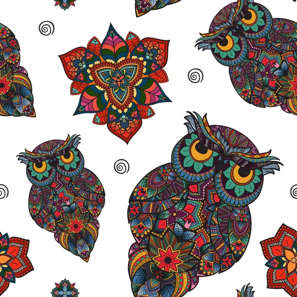 Illustration vectorielle du hibou. Oiseau illustré en tribal. Hibou avec des fleurs sur fond clair. Hibou en forme et ornemental . — Image vectorielle