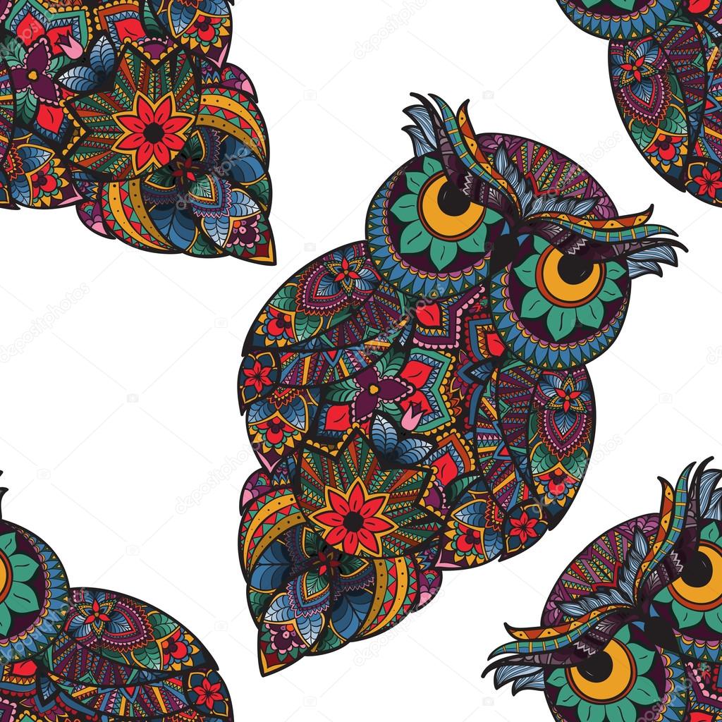 Vector illustration of owl. Bird illustrated in tribal. Owl with flowers on light background. Shaped and ornamental owl.