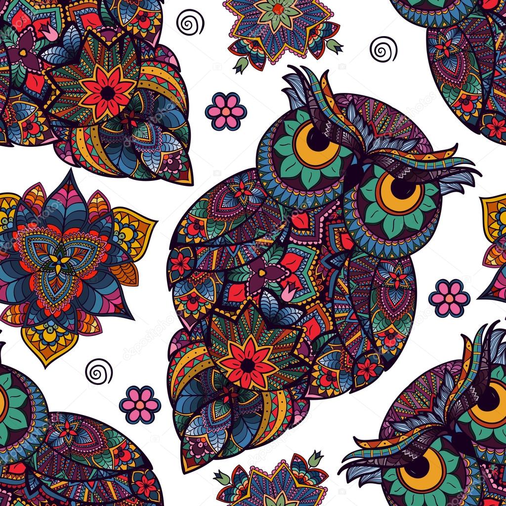 Vector illustration of owl. Bird illustrated in tribal. Owl with flowers on light background. Shaped and ornamental owl.