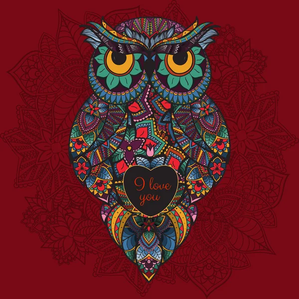 Vector illustration of ornamental owl. Bird illustrated in tribal. Boho owl with love. Heart for Valentine day — Stock Vector