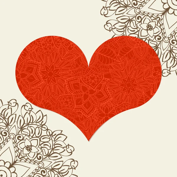 Handgezeichnetes künstlerisch ethnisch ornamental gemustertes Herz mit romantischen Kritzelelementen des Valentinstages, Zentangle-Vektorillustration für Erwachsenenmalbücher, Seiten, Tätowierungen, T-Shirts oder Drucke. — Stockvektor