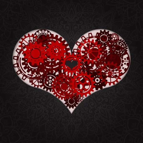 Herz als Mechanismus aus Zahnrädern und Zahnrädern. Vektorillustration des Steampunk-Herzens. Valentinstag-Karte mit Schild auf kunstvollem Hintergrund — Stockvektor