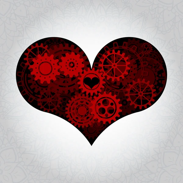 Heart as a mechanism made of cogs and gears. Vector Illustration  of steampunk heart. Valentines day card with sign on ornate background — Stock Vector