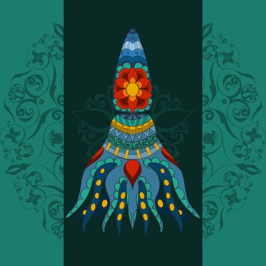 Hand drawn calmar. calmar dark background, calmar in tribal. Doodle calmar.  Colored calmar with tall on ornamental mandala background