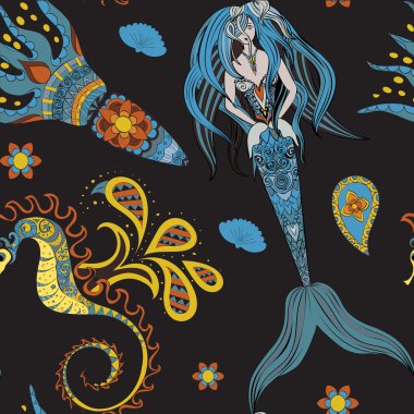 Hand drawn Ornamental Mermaid, sea-horse and calmar, seamless, Mermaid dark pattern, Girl with tall in tribal. Doodle Mermaid