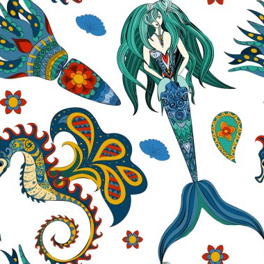 Hand drawn Ornamental Mermaid, sea-horse and calmar, seamless, Mermaid dark pattern, Girl with tall in tribal. Doodle Mermaid