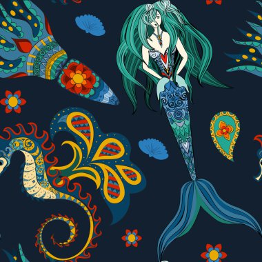 Hand drawn Ornamental Mermaid, sea-horse and calmar, seamless, Mermaid dark pattern, Girl with tall in tribal. Doodle Mermaid