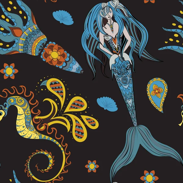 Hand drawn Ornamental Mermaid, sea-horse and calmar, seamless, Mermaid dark pattern, Girl with tall in tribal. Doodle Mermaid — Stock fotografie