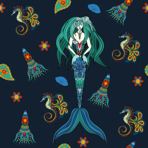 Sirena ornamentale disegnato a mano, cavallo di mare e calmar, senza soluzione di continuità, modello scuro sirena, Ragazza con alto in tribale. Doodle sirena — Foto Stock