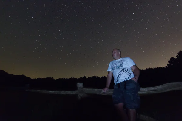 Man under night sky. Starry night Polaris star, Ursa Major, Big Dipper constellation. Beautiful night sky. Clear sky concept and background