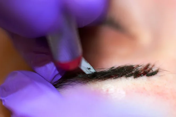 Cosmetólogo aplicando maquillaje permanente en las cejas Enfoque selectivo y poco profundo Profundidad de campo — Foto de Stock