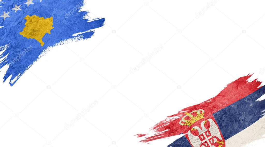 Flags of Kosovo and Serbia on white backgroun
