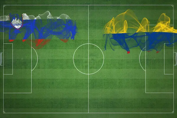 Slowenien Kolumbien Fußballspiel Nationalfarben Nationalflaggen Fußballplatz Fußballspiel Wettbewerbskonzept Kopierraum — Stockfoto