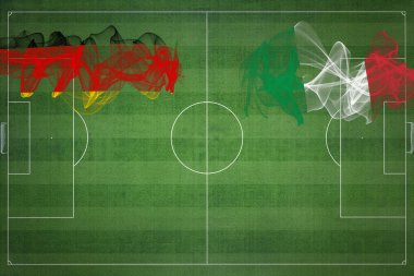 Almanya İtalya 'ya karşı Futbol Maçı, ulusal renkler, ulusal bayraklar, futbol sahası, futbol oyunu, rekabet konsepti, kopyalama alanı