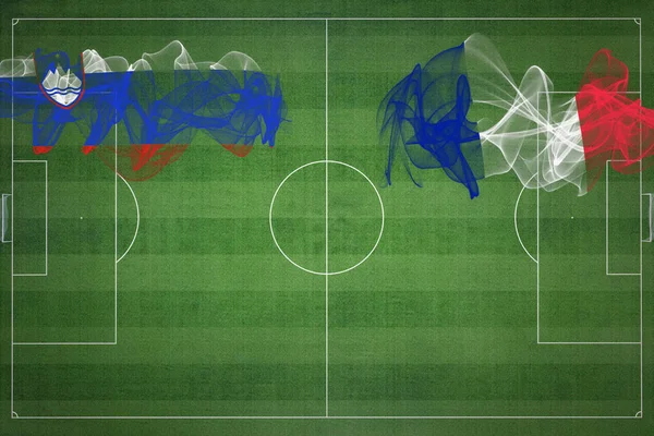 Szlovénia France Soccer Match Nemzeti Színek Nemzeti Zászlók Focipálya Labdarúgó — Stock Fotó