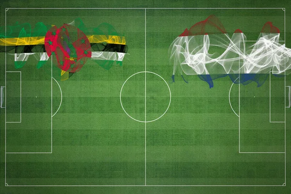 Dominika Nizozemsko Soccer Match Národní Barvy Národní Vlajky Fotbalové Hřiště — Stock fotografie