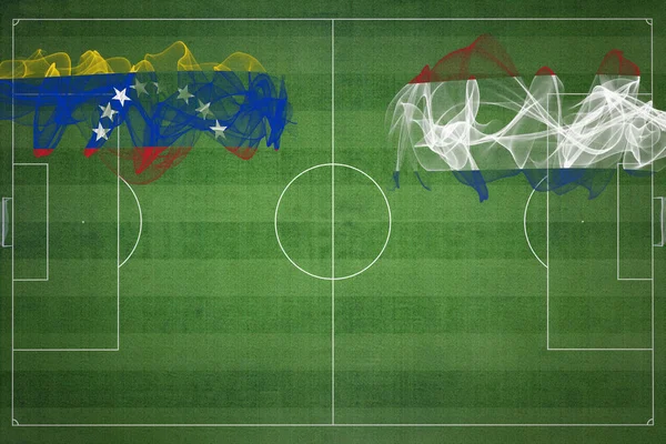 Wenezuela Holandia Mecz Piłki Nożnej Kolory Narodowe Flagi Narodowe Boisko — Zdjęcie stockowe