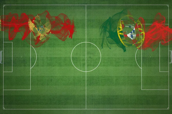 モンテネグロVsポルトガルサッカーマッチ 国の色 サッカー場 サッカーゲーム 競争の概念 コピースペース — ストック写真