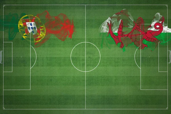 Portugalsko Wales Soccer Match Národní Barvy Národní Vlajky Fotbalové Hřiště — Stock fotografie