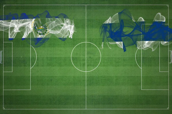 エルサルバドルVsフィンランドサッカーマッチ ナショナルカラー サッカー場 サッカーゲーム 競技コンセプト コピースペース — ストック写真