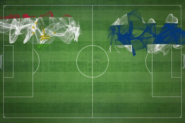 Tajiquistão Finlândia Soccer Match Cores Nacionais Bandeiras Nacionais Campo Futebol — Fotografia de Stock