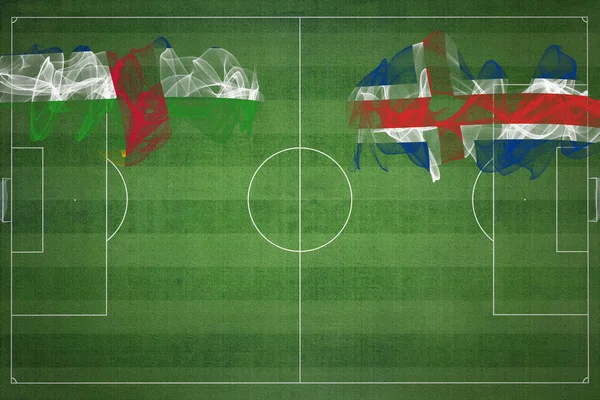 中非共和国对冰岛足球比赛 国家颜色 足球场 足球比赛 竞赛概念 复制空间 — 图库照片