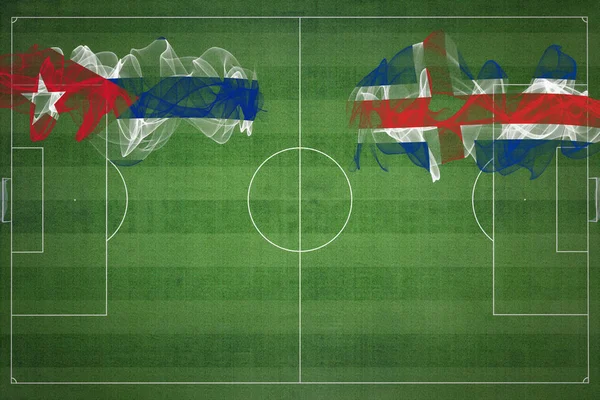 古巴对冰岛足球比赛 国家颜色 足球场 足球比赛 竞赛概念 复制空间 — 图库照片