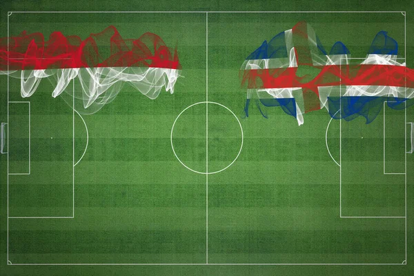 印度尼西亚对冰岛足球比赛 国家颜色 足球场 足球比赛 竞赛概念 复制空间 — 图库照片