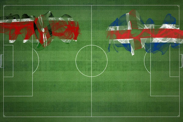 肯尼亚对冰岛足球比赛 国家颜色 足球场 足球比赛 比赛理念 复制空间 — 图库照片