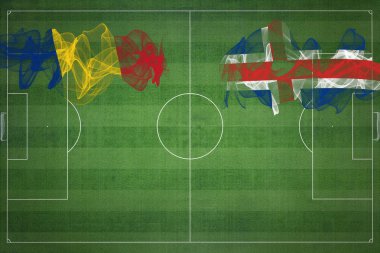 Romanya İzlanda Futbol Maçı, ulusal renkler, ulusal bayraklar, futbol sahası, futbol maçı, rekabet kavramı, kopyalama alanı