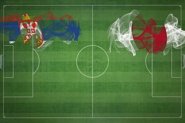 Sérvia Japão Soccer Match Cores Nacionais Bandeiras Nacionais Campo Futebol — Fotografia de Stock